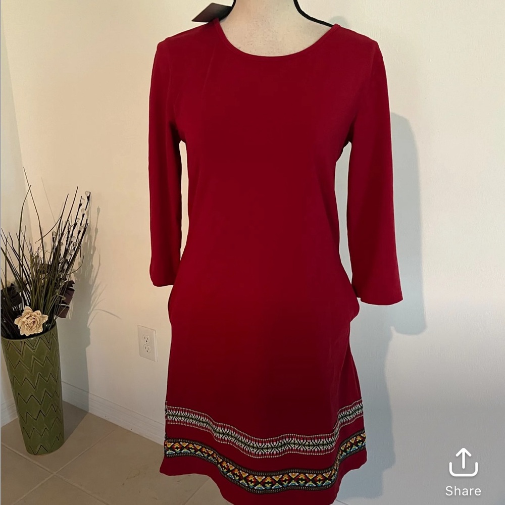 NWT small red dress embroidered with pockets 607